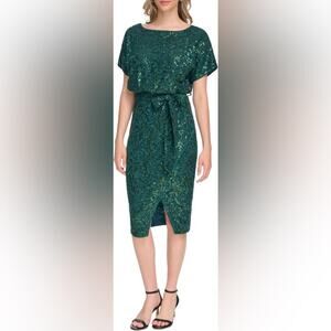 KENSIE Women's Sequin Floral-Lace Blouson Wrap Dress Green Sz 4